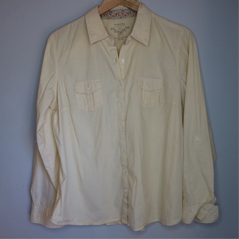 Sonoma Life Style Yellow Button Up Shirt Floral Lining Size XL Cottagecore